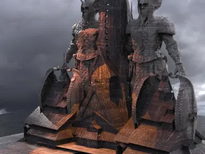 Viking Hall exterior ship design With Statue of warrior 4 3D model
