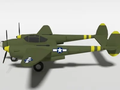 Low Poly Cartoon Lockheed P38 - Lighting WWII Airplane Low-poly 3D model