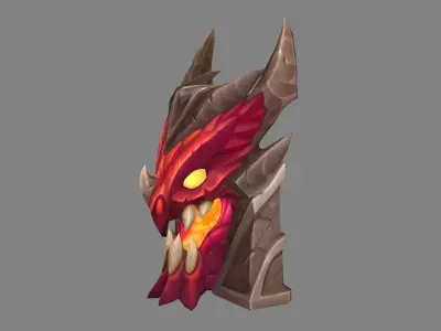 Cartoon fire dragon head shield sculpture Low-poly 3D model