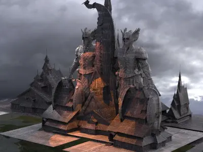 Viking Town with Statue of warrior 2 3D model