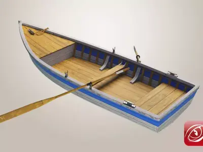 Boat A wooden with two paddles 3D model