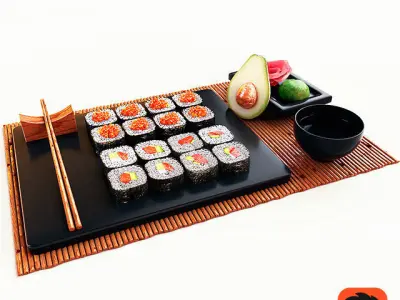 Sushi japanese on mat with chopsticks 3D model