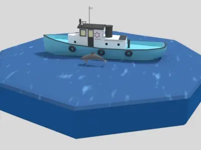 Low Poly Cartoon Fishing Boat and Dolphins Low-poly 3D model
