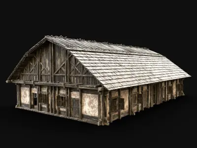 ENTERABLE LONG HOUSE BARN FOLK HUT FARM COTTAGE WOODEN CABIN AAA Low-poly 3D model