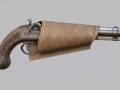 Pirate flintlock pistol with holster Low-poly 3D model