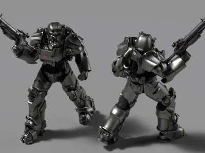 T 60 Power Armor Fallout with Rifle Rigged for Maya 3D model