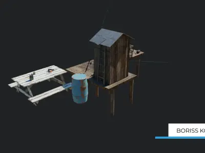 Fishermans platform near the lake Low-poly 3D model