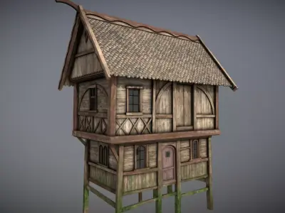 Medieval Lake Village - House 16 with interiors Low-poly 3D model