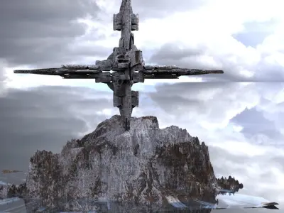 Military Alien Ship cut into mountain 3D model