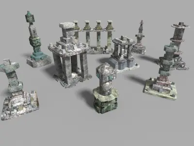9 low poly temple pillars collection Low-poly 3D model
