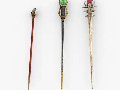 Low poly Staffs golden wand with gemstone Low-poly 3D model