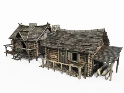 Two medieval buildings in hand drawn style 3D model