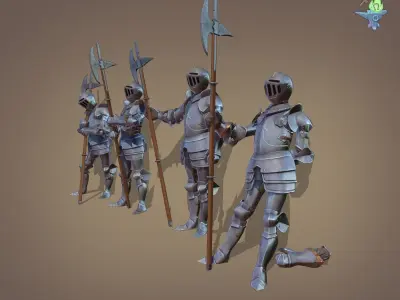 Gosthly Armor with Halberd 4 poses Low-poly 3D model
