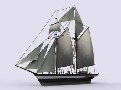 Schooner sailing ship Low-poly 3D model