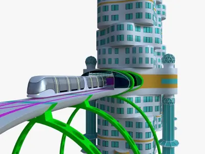 Skyscraper with metro station and train 3D model