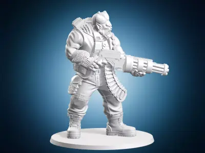 Retro Orc Soldier With Gatling Gun Fantasy Miniature 3D print model