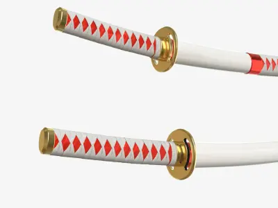 White Double Bladed Katana Wakizashi and Stand 3D model
