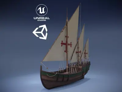 Caravel mediterranean sailing ship Low-poly 3D model