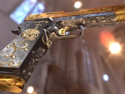 Pistol  Gun  Engraved Low-poly 3D model PBR glFT Low-poly 3D model