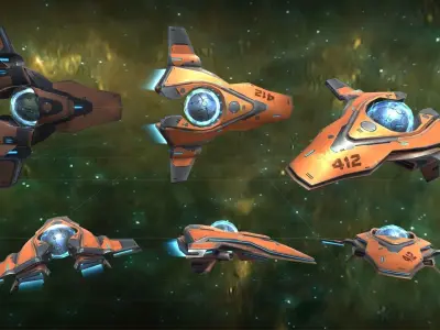 SpaceShip three spaceships flying in space Low-poly 3D model