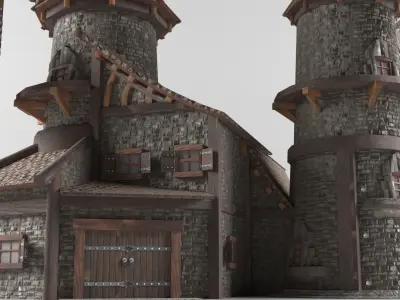 Medieval house in European style Low-poly 3D model