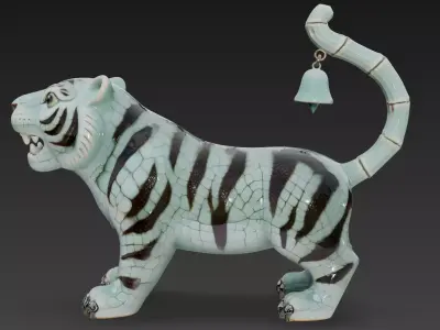 Celadon Ceramic Tiger Statue - Stylized Decorative 3D Model 3D model