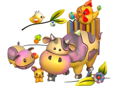 Cartoon 3D illustration Cow Mouse Rooster Chick Low-poly 3D model