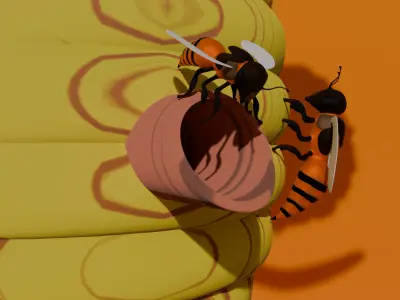 Bee  Tree hive honey on Grass Low-poly 3D model