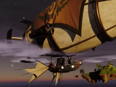 Rigged steam punk character and airship scene 3D model