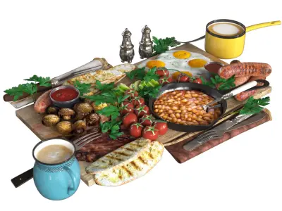 Full English Breakfast platter Low-poly 3D model