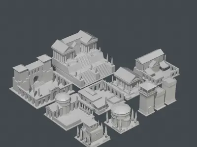 Low Poly Roman Building Tiles Low-poly 3D model