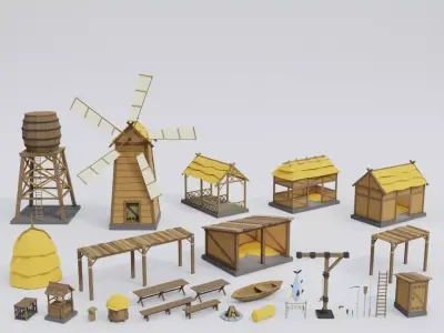 Low poly outbuildings and props set Low-poly 3D model