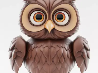 Cute Cartoon Owl 3D Fluffy Bird Big Eyes Feathered Wings Low-poly 3D model