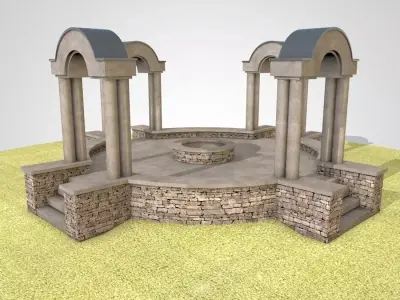 Pavilion circular stone structure on grassy field Low-poly 3D model