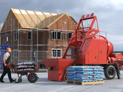 Worker with Cement and Concrete Mixer Pump 3D model