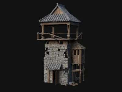 DESTROYED RUINED JAPANESE TOWER WATCHTOWER WALLS COLLECTION AAA Low-poly 3D model