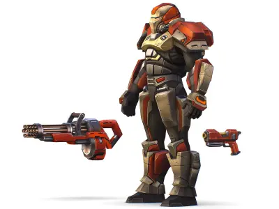 Cartoon Sci-Fi Cyborg Drone Heavy Machine Gunner Low-poly 3D model