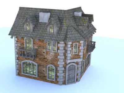 Medieval city corner house Low-poly 3D model