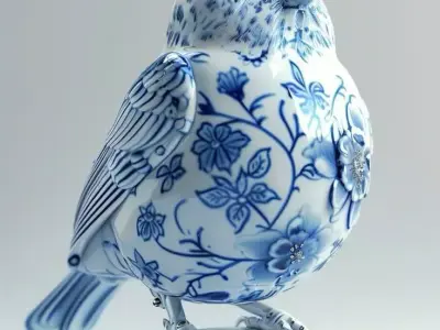 Blue White Porcelain Bird 3D Decorative Ceramic Animal Art Low-poly 3D model