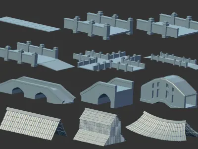 100 Low poly medieval fantasy castle fortress kitbash IMM brush 3D model
