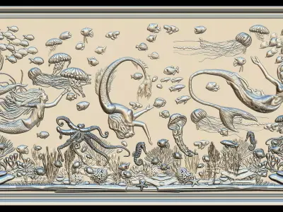 Aquatic Mermaid Theme Panno v6 STL for CNC Relief engraving 3D model