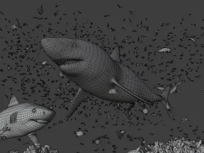 Sharks Underwater Scene Low-poly 3D model