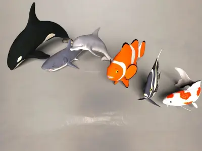 Fish shark koi carp dolphin killer whale clown fish and angel  3D model