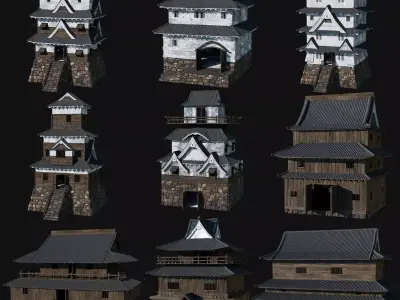 JAPANESE FORTRESS FORT TOWER WATCHTOWER WALLS FEUDAL COLLECTION Low-poly 3D model
