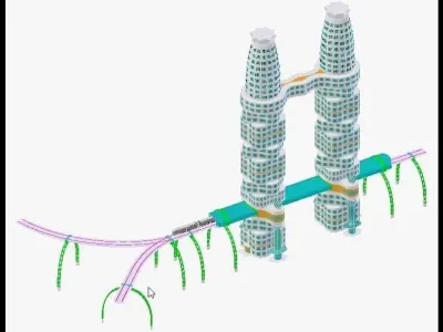 Skyscraper with metro station and train 3D model
