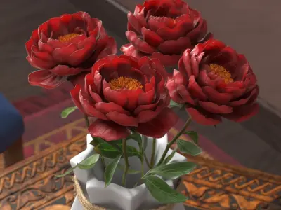 Geometric Ceramic Vase with Dark Red Peonies 3D model