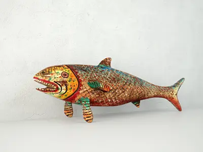 Vintage Painted Wood Fish 3 3D model
