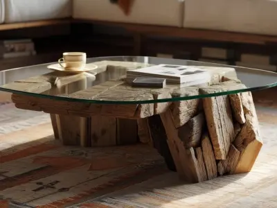 coffee table made from recycled wood and tempered glass 3D model Low-poly 3D model