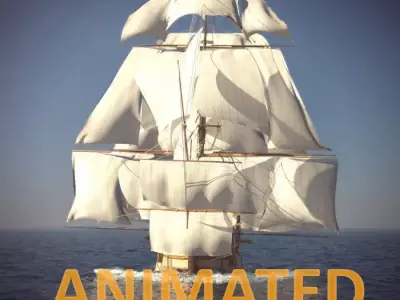 Ship Animated Sail and foam with splashes 3D model