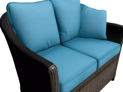 Outdoor Rattan Loveseat Blue Cushions Low-poly 3D model